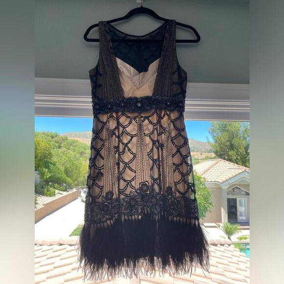 SUE WONG Black & nude beaded, sequin ostrich feather dress - Picture 3 of 9